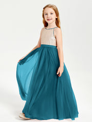 Long Junior Bridesmaid Gown Sequined Top Tulle Skirt Ink Blue