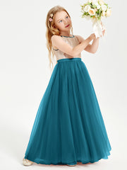 Long Junior Bridesmaid Gown Sequined Top Tulle Skirt Ink Blue