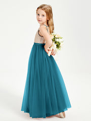 Long Junior Bridesmaid Gown Sequined Top Tulle Skirt Ink Blue