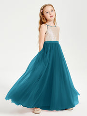 Long Junior Bridesmaid Gown Sequined Top Tulle Skirt Ink Blue