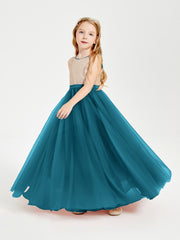 Long Junior Bridesmaid Gown Sequined Top Tulle Skirt Ink Blue