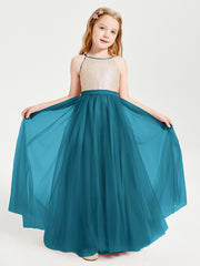 Long Junior Bridesmaid Gown Sequined Top Tulle Skirt Ink Blue