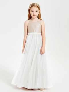 Long Junior Bridesmaid Gown Sequined Top Tulle Skirt Ivory