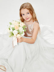Long Junior Bridesmaid Gown Sequined Top Tulle Skirt Ivory