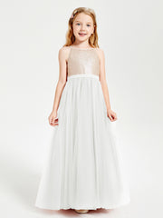 Long Junior Bridesmaid Gown Sequined Top Tulle Skirt Ivory