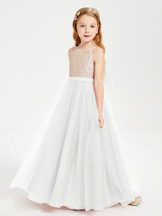 Long Junior Bridesmaid Gown Sequined Top Tulle Skirt Ivory