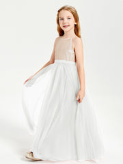 Long Junior Bridesmaid Gown Sequined Top Tulle Skirt Ivory