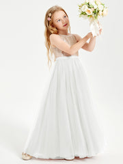 Long Junior Bridesmaid Gown Sequined Top Tulle Skirt Ivory