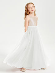 Long Junior Bridesmaid Gown Sequined Top Tulle Skirt Ivory