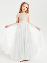 Long Junior Bridesmaid Gown Sequined Top Tulle Skirt Ivory