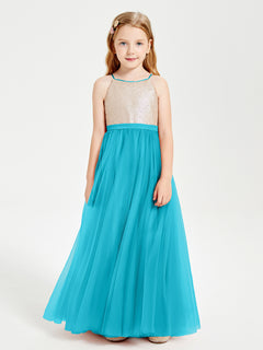 Long Junior Bridesmaid Gown Sequined Top Tulle Skirt Jade