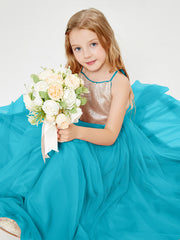 Long Junior Bridesmaid Gown Sequined Top Tulle Skirt Jade