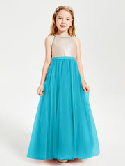 Long Junior Bridesmaid Gown Sequined Top Tulle Skirt Jade