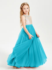 Long Junior Bridesmaid Gown Sequined Top Tulle Skirt Jade