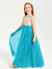 Long Junior Bridesmaid Gown Sequined Top Tulle Skirt Jade