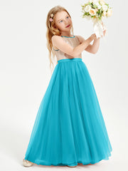 Long Junior Bridesmaid Gown Sequined Top Tulle Skirt Jade
