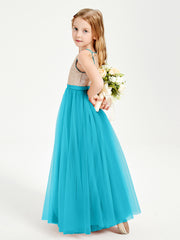 Long Junior Bridesmaid Gown Sequined Top Tulle Skirt Jade