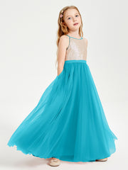 Long Junior Bridesmaid Gown Sequined Top Tulle Skirt Jade
