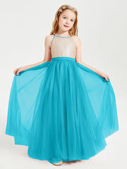 Long Junior Bridesmaid Gown Sequined Top Tulle Skirt Jade