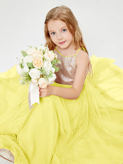 Long Junior Bridesmaid Gown Sequined Top Tulle Skirt Lemon