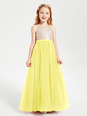 Long Junior Bridesmaid Gown Sequined Top Tulle Skirt Lemon