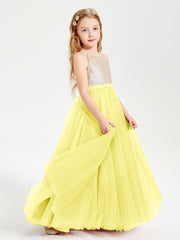Long Junior Bridesmaid Gown Sequined Top Tulle Skirt Lemon