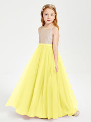 Long Junior Bridesmaid Gown Sequined Top Tulle Skirt Lemon