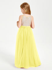 Long Junior Bridesmaid Gown Sequined Top Tulle Skirt Lemon