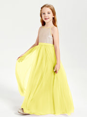 Long Junior Bridesmaid Gown Sequined Top Tulle Skirt Lemon