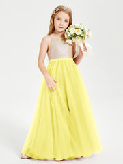 Long Junior Bridesmaid Gown Sequined Top Tulle Skirt Lemon