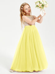 Long Junior Bridesmaid Gown Sequined Top Tulle Skirt Lemon