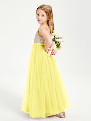Long Junior Bridesmaid Gown Sequined Top Tulle Skirt Lemon