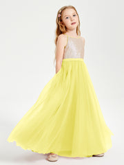 Long Junior Bridesmaid Gown Sequined Top Tulle Skirt Lemon