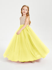 Long Junior Bridesmaid Gown Sequined Top Tulle Skirt Lemon