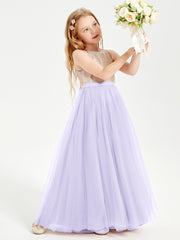 Long Junior Bridesmaid Gown Sequined Top Tulle Skirt Lilac