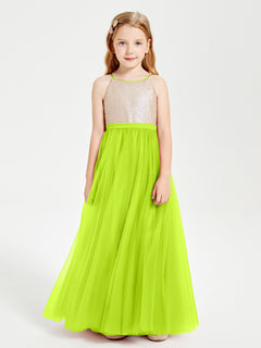 Long Junior Bridesmaid Gown Sequined Top Tulle Skirt Lime Green