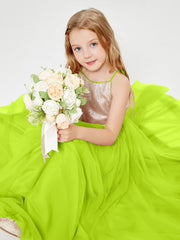 Long Junior Bridesmaid Gown Sequined Top Tulle Skirt Lime Green
