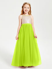 Long Junior Bridesmaid Gown Sequined Top Tulle Skirt Lime Green