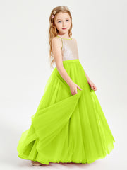 Long Junior Bridesmaid Gown Sequined Top Tulle Skirt Lime Green