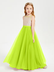 Long Junior Bridesmaid Gown Sequined Top Tulle Skirt Lime Green