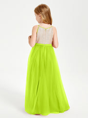 Long Junior Bridesmaid Gown Sequined Top Tulle Skirt Lime Green