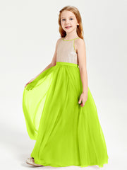 Long Junior Bridesmaid Gown Sequined Top Tulle Skirt Lime Green