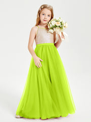 Long Junior Bridesmaid Gown Sequined Top Tulle Skirt Lime Green