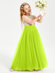 Long Junior Bridesmaid Gown Sequined Top Tulle Skirt Lime Green