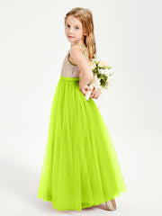 Long Junior Bridesmaid Gown Sequined Top Tulle Skirt Lime Green