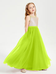 Long Junior Bridesmaid Gown Sequined Top Tulle Skirt Lime Green