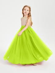 Long Junior Bridesmaid Gown Sequined Top Tulle Skirt Lime Green