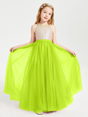 Long Junior Bridesmaid Gown Sequined Top Tulle Skirt Lime Green