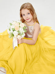 Long Junior Bridesmaid Gown Sequined Top Tulle Skirt Marigold