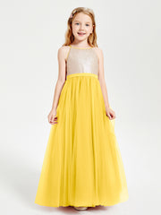 Long Junior Bridesmaid Gown Sequined Top Tulle Skirt Marigold